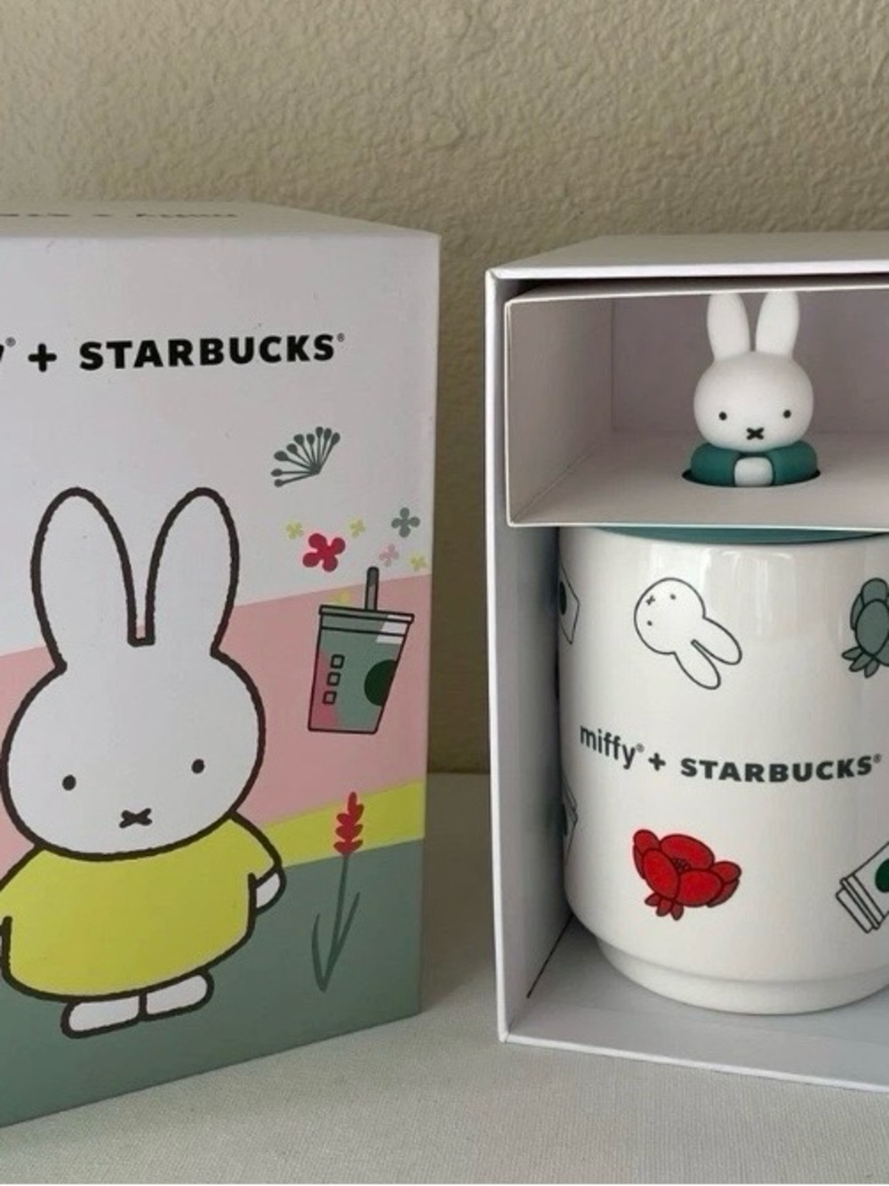 Starbucks x Miffy White Ceramic Mug with Multicolor Floral Accents and Bunny Lid